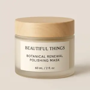 60ml clear glass jar with a light wooden cap featuring the Beautiful Things brand label in minimalist luxury design.