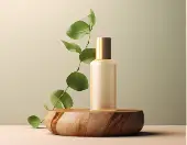 A bottle of lotion sitting on top of a wooden bowl.