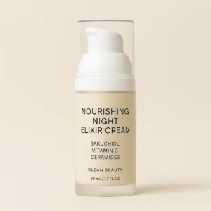 Elegant 50ml airless pump bottle labeled “Nourishing Night Elixir Cream” with a clean, minimalist design against a soft, cream-toned background